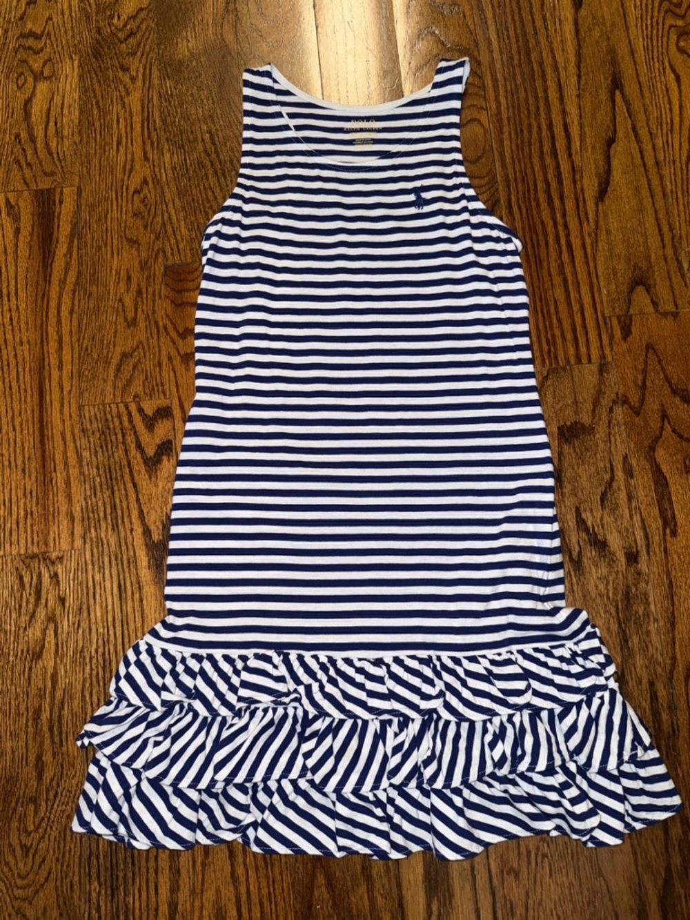 Polo Ralph Lauren girls blue & white striped tank dress ruffle bottom medium